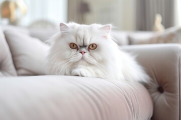 Lifestyle portrait photography of a happy persian cat back-arching against a comfy sofa. With generative AI technology