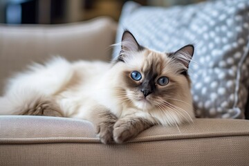 Group portrait photography of a happy ragdoll cat whisker twitching against a comfy sofa. With generative AI technology