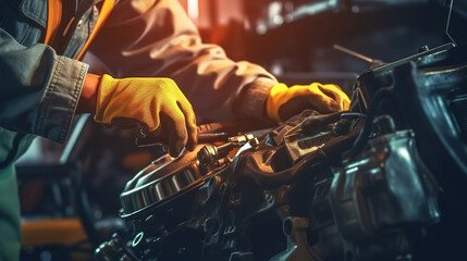 Mechanic using wrench while working on car engine at garage workshop. Generative Ai