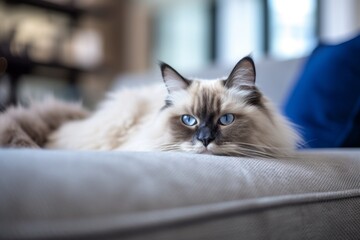 Group portrait photography of a happy ragdoll cat whisker twitching against a comfy sofa. With generative AI technology