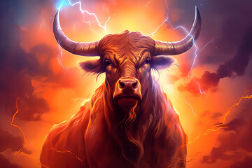 Fototapeta na wymiar A bull with lightning coming out of its horns. Magic. Energy. Generative AI 