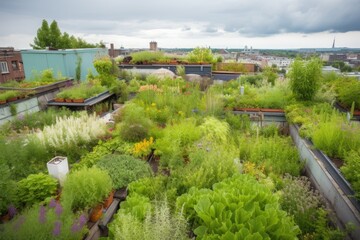 green rooftop garden, with various plants and flowers visible, created with generative ai