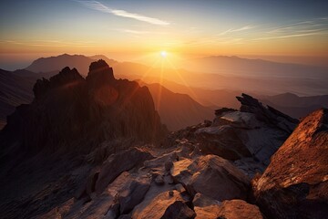 Fototapeta na wymiar majestic mountain range with sun rising over the horizon, casting a warm glow, created with generative ai