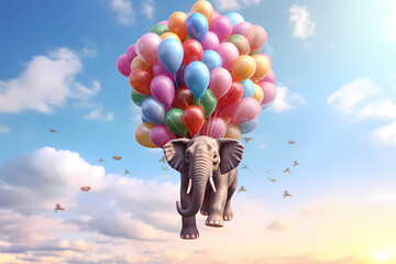 Elephant flies with balloons .Generative AI - 611057692