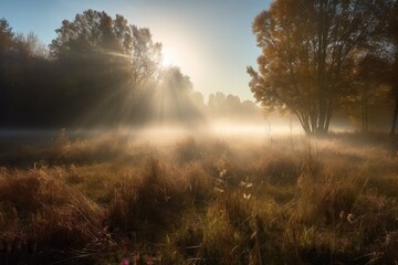 Obraz na płótnie Canvas morning mist rising over meadow, with rays of sunlight filtering through, created with generative ai