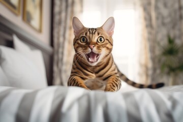 Lifestyle portrait photography of a curious bengal cat sprinting against an inviting bed. With generative AI technology
