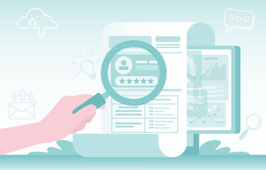 Online payment and document concept. Data analysis, tax deduction, tax payment, satisfaction, star rating, digital report. Flat vector design illustration.