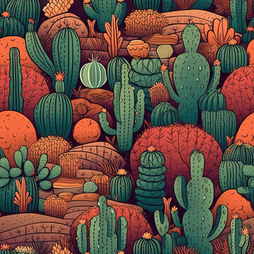 Cactuses and succulents seamless repeat pattern, cute cartoon boho [Generative AI]
