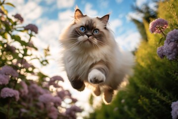 Naklejka na ściany i meble Environmental portrait photography of a cute ragdoll cat leaping against a beautiful nature scene. With generative AI technology