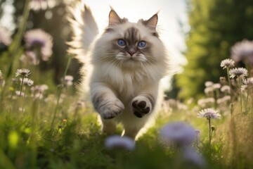 Medium shot portrait photography of a smiling ragdoll cat sprinting against a beautiful nature scene. With generative AI technology
