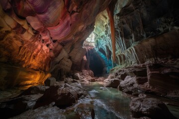 cave with intricate patterns of natural rock, filled with stunning light and color, created with generative ai