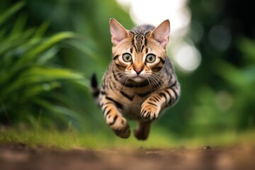 Naklejka na ściany i meble Medium shot portrait photography of a funny bengal cat running against a beautiful nature scene. With generative AI technology