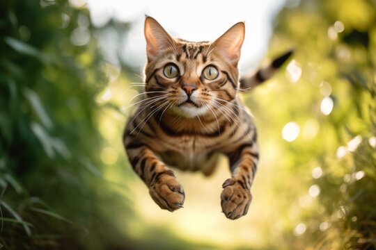 Medium shot portrait photography of a curious bengal cat jumping against a beautiful nature scene. With generative AI technology