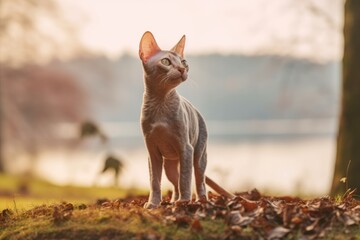Full-length portrait photography of a funny devon rex cat back-arching against a beautiful nature scene. With generative AI technology