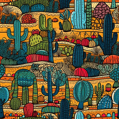 Cactuses and succulents seamless repeat pattern, cute cartoon boho [Generative AI]
