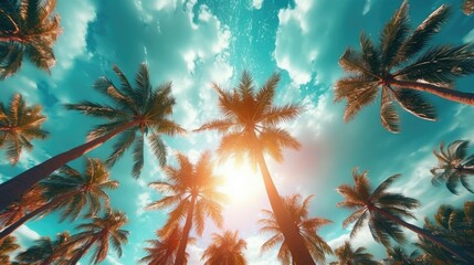 Low angle view of aquamarine sky palm trees, with blue sky and white cloud in the background. Created with Generative Ai Technology