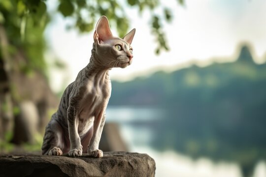 Full-length portrait photography of a funny devon rex cat back-arching against a beautiful nature scene. With generative AI technology