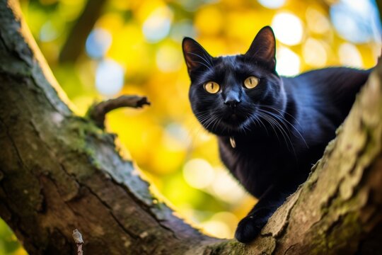 Lifestyle portrait photography of a smiling bombay cat climbing against a beautiful nature scene. With generative AI technology