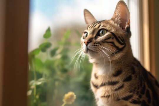 Medium shot portrait photography of a cute savannah cat window watching against a beautiful nature scene. With generative AI technology