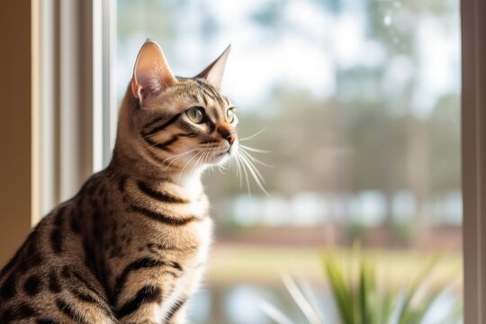 Medium shot portrait photography of a cute savannah cat window watching against a beautiful nature scene. With generative AI technology