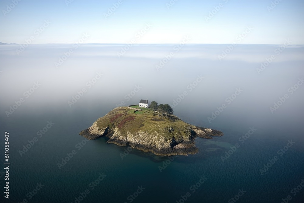 Poster remote island surrounded by cloudlike mist and tranquil waters, created with generative ai