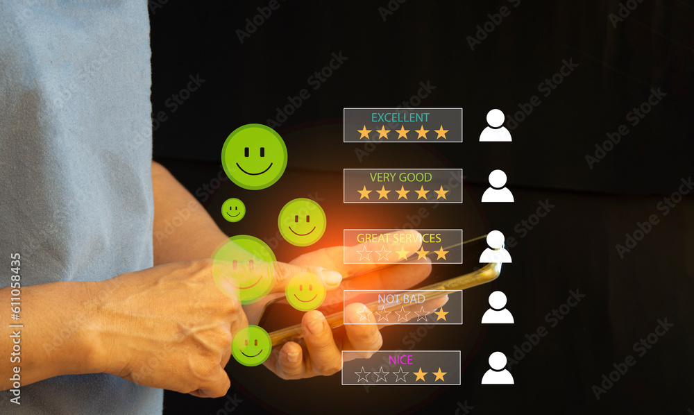 Poster close up man hand using smartphone with popup five star icon for feedback review satisfaction servic