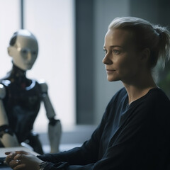 Engineer in her lab with her Cyborg, generative ai