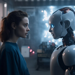 Cyborg Face to Face with a girl, generative ai
