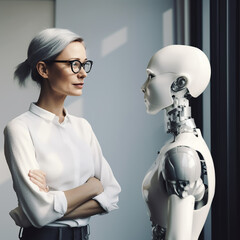 Female Engineer Listening to a Robot, generative ai