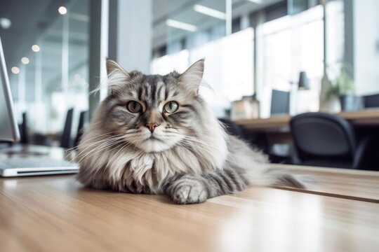 Group portrait photography of a funny siberian cat eating against a stylish office space. With generative AI technology