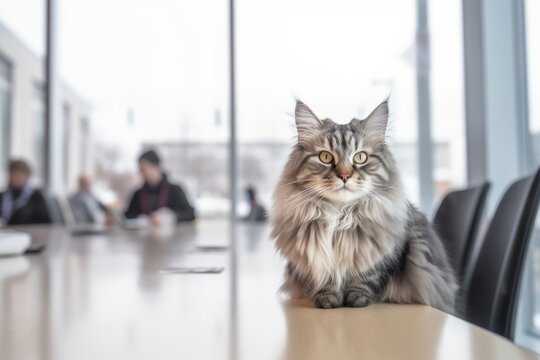 Group portrait photography of a funny siberian cat eating against a stylish office space. With generative AI technology