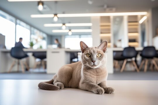 Group portrait photography of a smiling burmese cat kneading with hind legs against a stylish office space. With generative AI technology