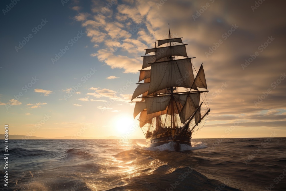 Canvas Prints majestic clipper ship sailing on calm sea, with billowing sails and sun setting in the background, created with generative ai