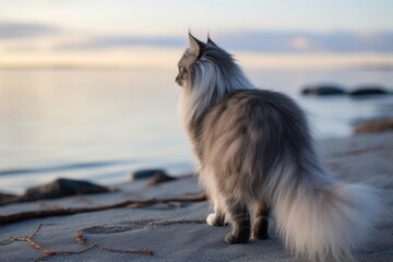 Naklejka na ściany i meble Medium shot portrait photography of a funny norwegian forest cat tail wagging against a serene beach. With generative AI technology