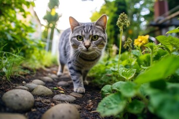 Naklejka na ściany i meble Full-length portrait photography of a funny american shorthair cat eating against a charming garden path. With generative AI technology