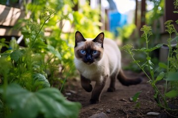 Medium shot portrait photography of a smiling siamese cat playing against a charming garden path. With generative AI technology