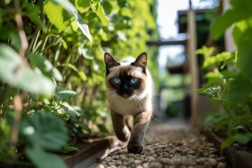 Fototapeta premium Medium shot portrait photography of a smiling siamese cat playing against a charming garden path. With generative AI technology