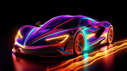 Neon glowing sport car on a night road. Generative AI. Illustration for banner, poster, cover or presentation.