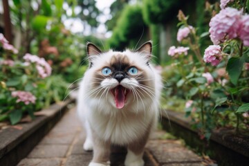 Medium shot portrait photography of a smiling ragdoll cat murmur meowing against a charming garden path. With generative AI technology