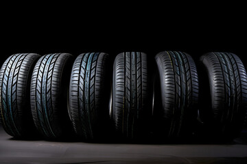 Car tires on dark background, selling tires, tire store banner