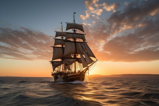 majestic clipper ship sailing on calm sea, with billowing sails and sun setting in the background, created with generative ai