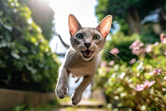 Close-up portrait photography of a happy oriental shorthair cat jumping against a charming garden path. With generative AI technology