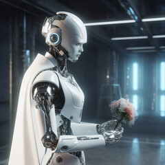 Cyborg Bride, holding flower, generative ai