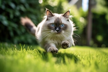 Naklejka na ściany i meble Lifestyle portrait photography of a happy ragdoll cat pouncing against a lush green lawn. With generative AI technology