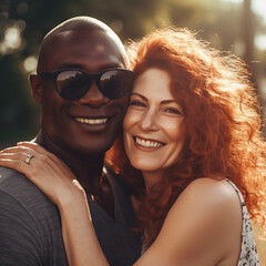 Beautiful Happy Couple, Black Man and White Ginger Woman, generative ai