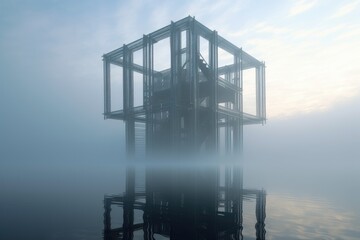 3d structure made of glass and steel, with misty fog and reflections, created with generative ai