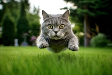 Environmental portrait photography of a funny british shorthair cat leaping against a lush green lawn. With generative AI technology