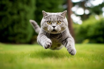 Environmental portrait photography of a funny british shorthair cat leaping against a lush green lawn. With generative AI technology