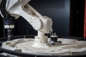 Fototapeta premium 3d printing and additive manufacturing robot, performing intricate assembly task on finished product, created with generative ai