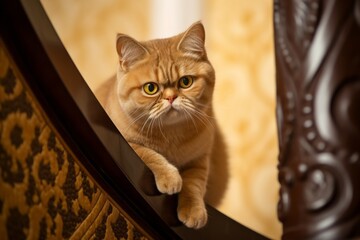 Medium shot portrait photography of a curious exotic shorthair cat climbing against a decorative staircase. With generative AI technology